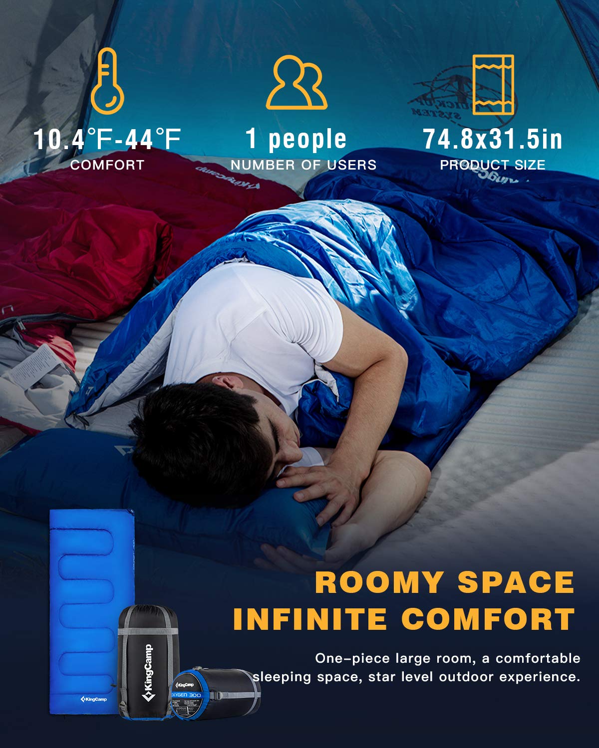 KingCamp All Season Oversize Adult 10.4 F/-12C Warm Sleeping Bag Lightweight for Camping, Hiking, Backpacking