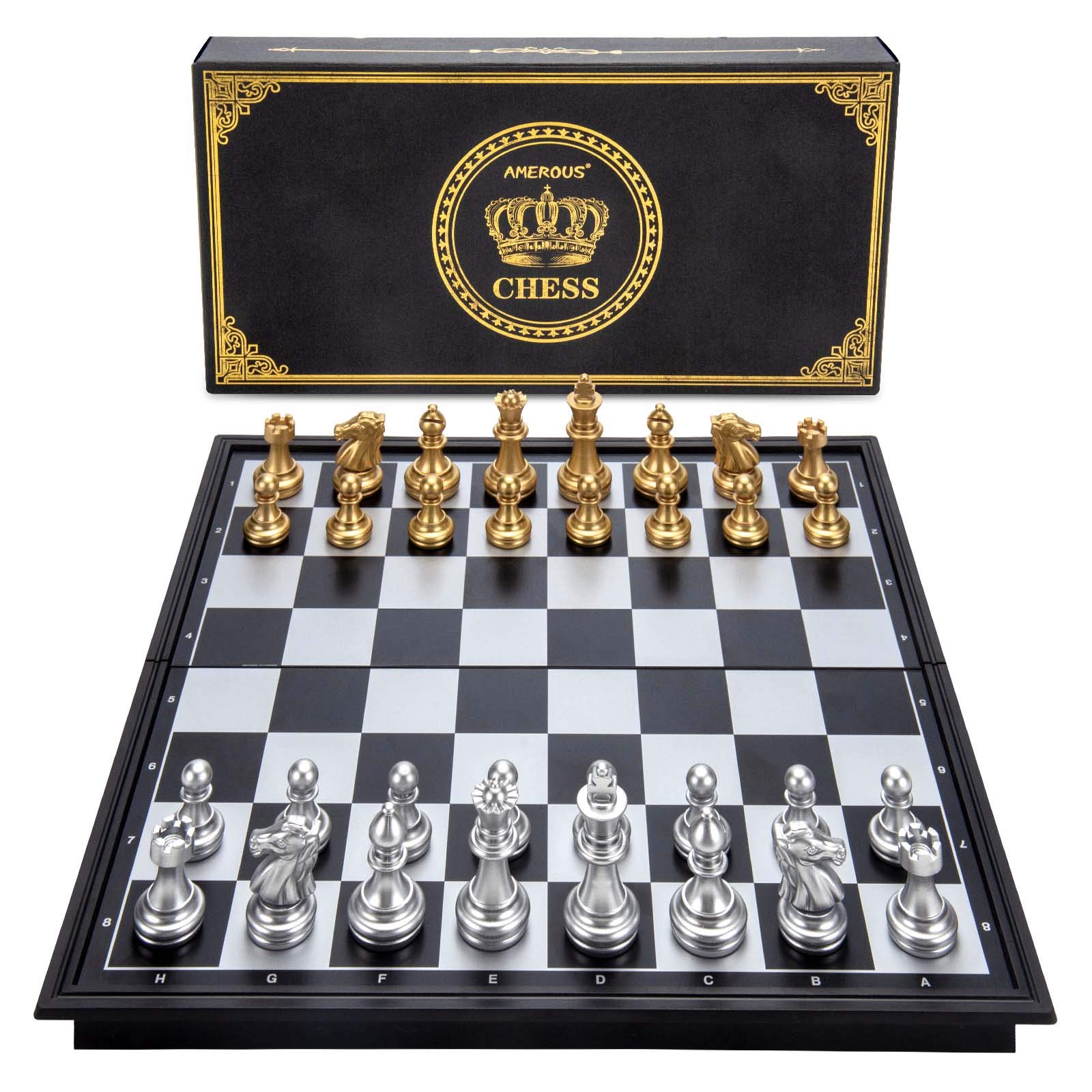 AMEROUS 10'' Magetic Travel Chess Set, Plastic Portable Folding Chess Board Game with Gold and Silver Chess Pieces - 2 Extra Queens - Chess for Beginner, Kids, Adults