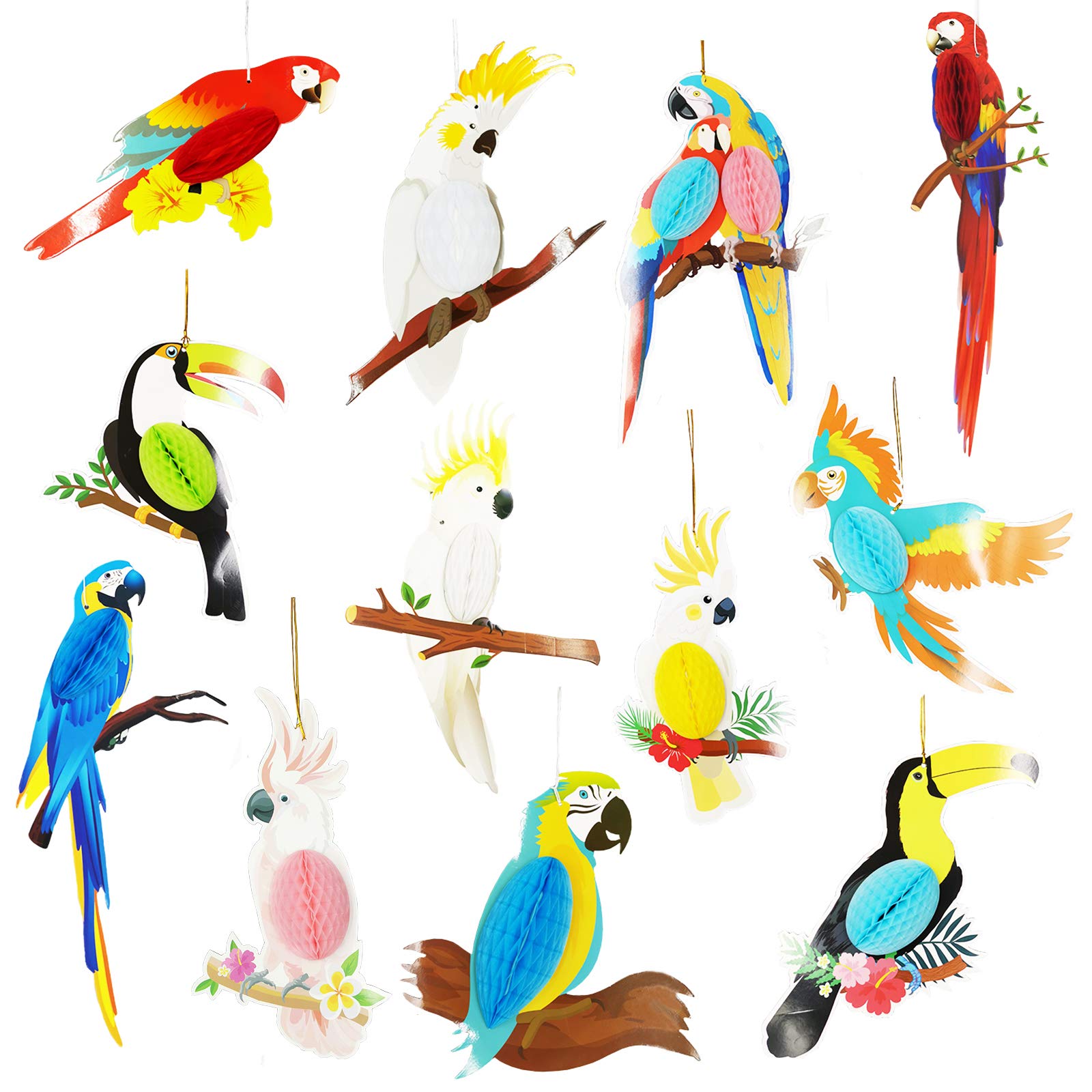 DUGYIRS 12 Pieces Tropical Birds Honeycomb Paper Cutouts, Parrot Honeycomb, Tiki Bar Hawaiian Summer Beach Luau Party Hanging Decorations for Kids Birthday Home Baby Room Nursery Classroom Supplies