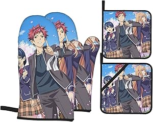 BattLeo Anime Food Wars Shokugeki No Soma Oven Mitts and Pot Holders Sets 4-Piece, Fireproof Non-Slip Surface Cooking Hanging Gloves, for Baking Grilling BBQ