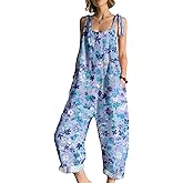 MARSVOVO Women's Floral Print Sleeveless Overalls Adjustable Straps Wide-Leg Jumpsuit with Pockets Loose Fit