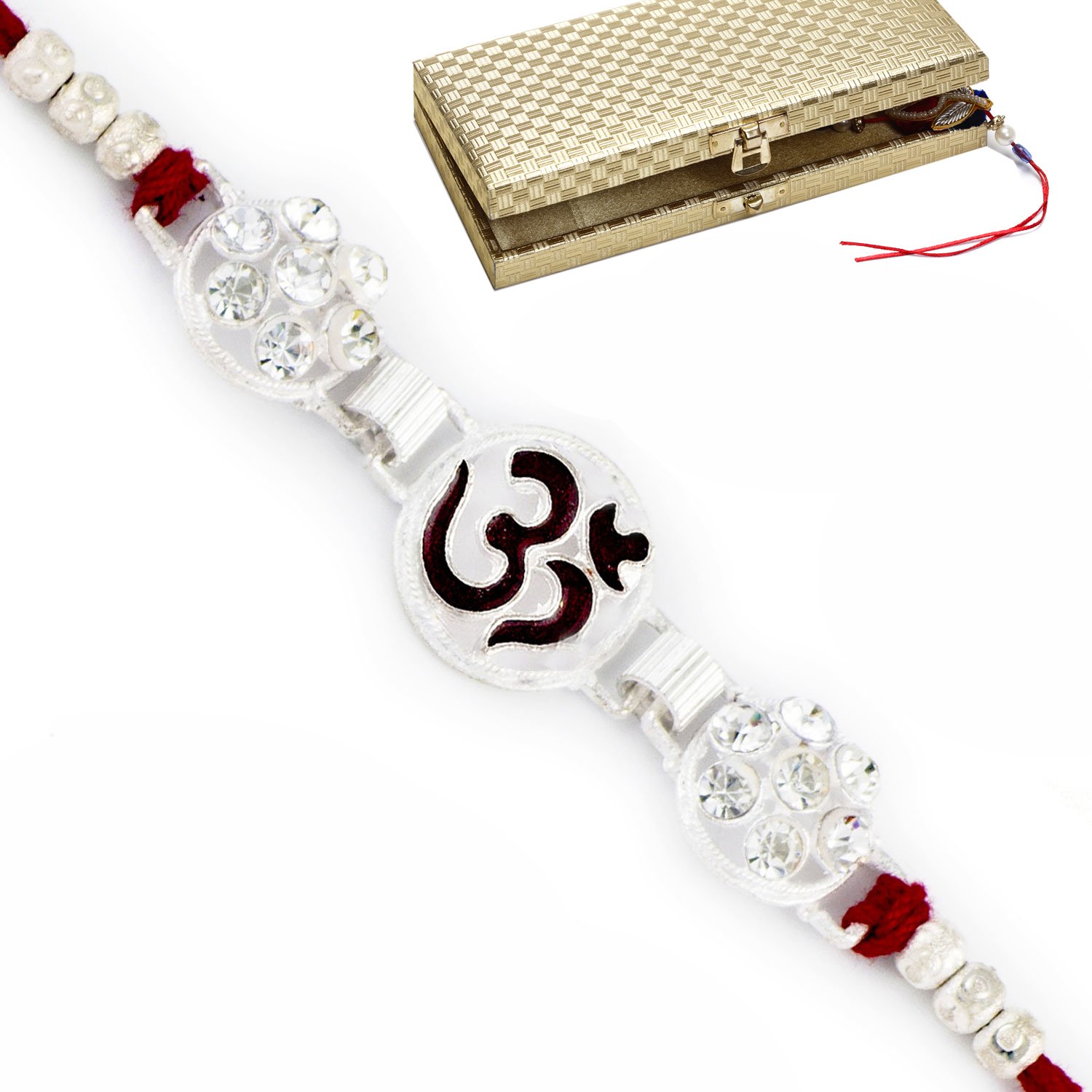 aapno rajasthan om motif & ad studded silver rakhi