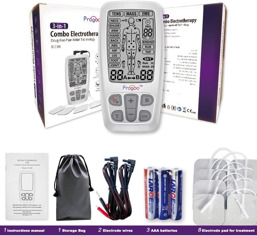 Progoo 2020 New Dual Channels TENS Unit 3 in 1 EMS Muscle Stimulator Pain Relief FDA Cleared Combo with 8 Tens Electrodes,Electric Pulse Massager Machine: Health & Personal Care