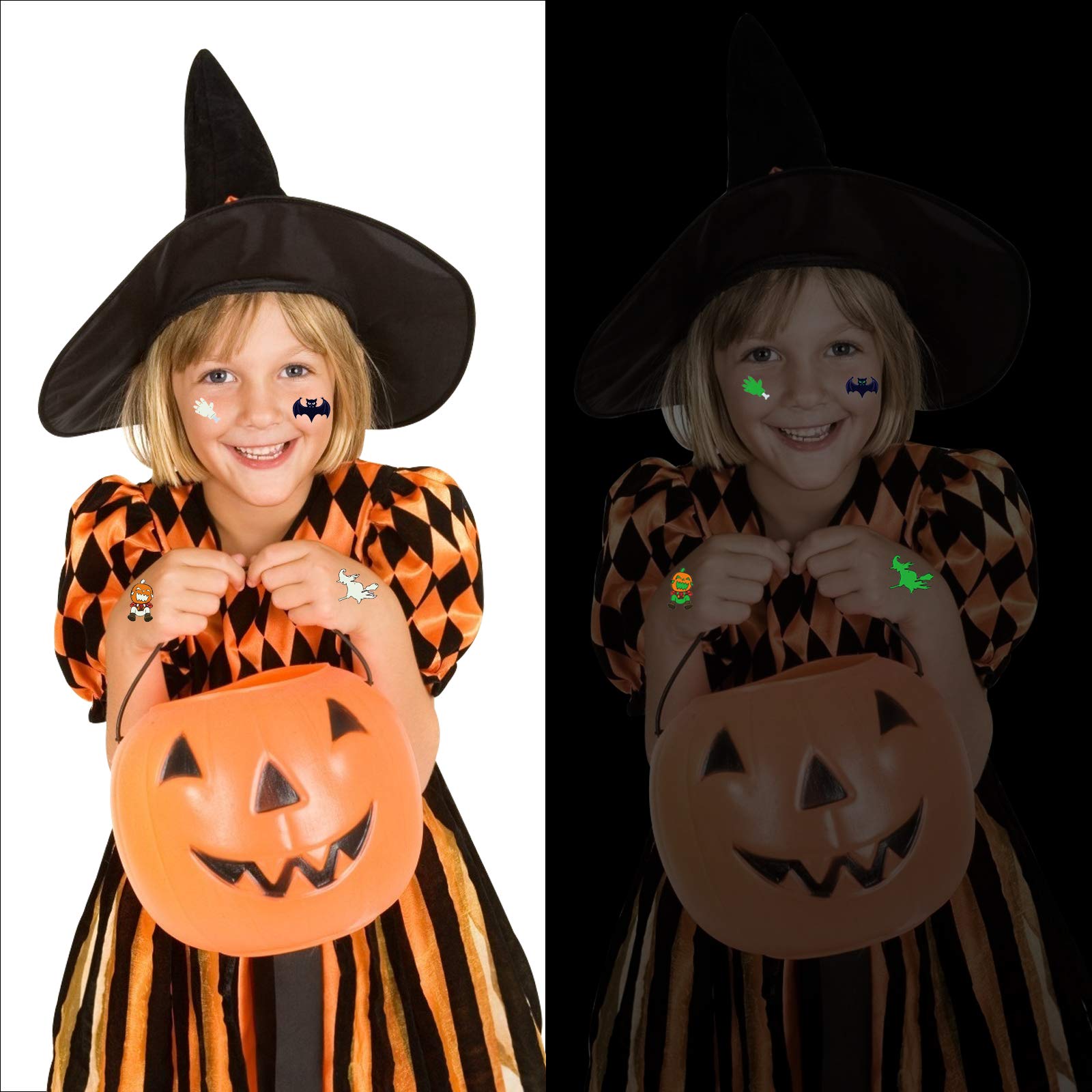TAZEMAT 10 Blatt Halloween Temporäre Tattoos Fluoreszierende wasserdichte Tattoos Temporär Tätowierung Kürbis Geist Fledermaus Kunst Tattoos Kindertattoos Jungs Mädchen Halloween Party