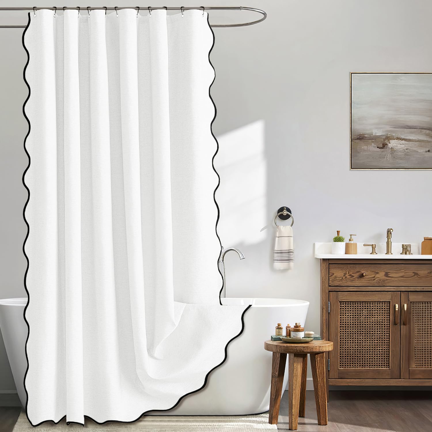 Photo 1 of MIULEE White Scalloped Shower Curtain Linen Textured with 12 Metal Hooks Cute Heavy Duty Washable Waterproof Thick Cloth Shower Curtains with Black Border for Bathroom Hotel Bathtub,W72*L72