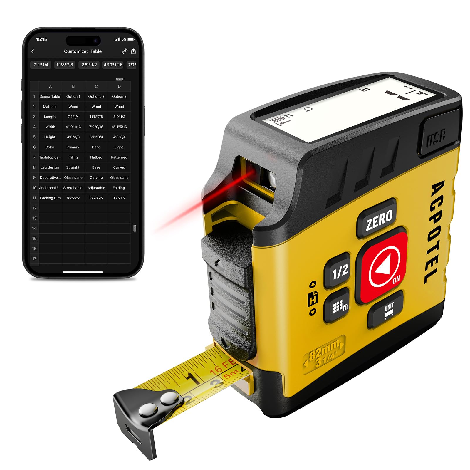 3-in-1 Digital Tape Measure with Laser, 165Ft Laser Tape Measure & 16Ft Digital Measuring Tape, 8 Metric and Imperial Units, Distance Area Volume 1/2 midpoint, Laser Measure Tool, Almighty Tools, APP Image