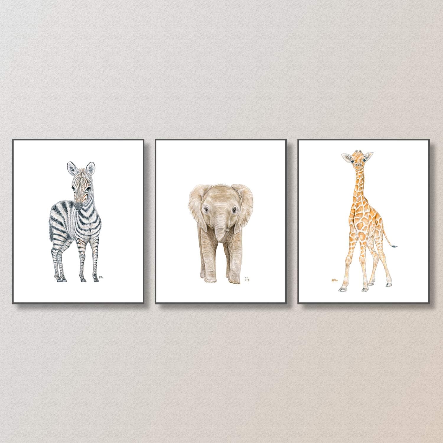 Safari Animal Nursery Prints Unframed Set of 3, Pick Your Jungle Baby Animals and Print Size, Original Watercolor Art Signed By Artist