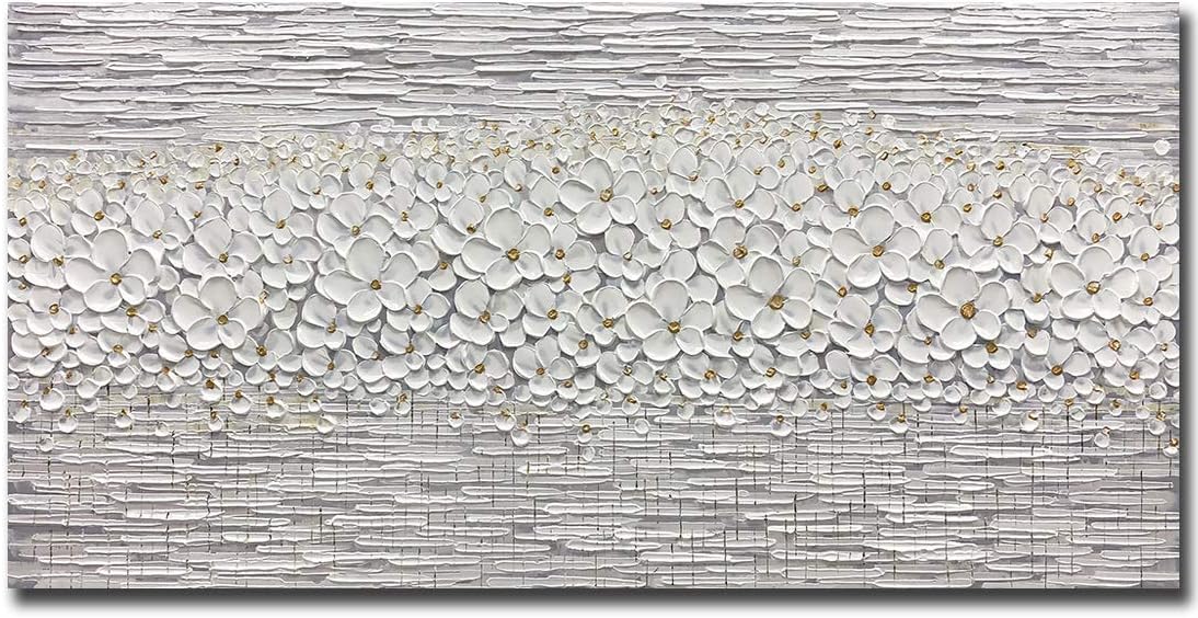 Paintings - V-inspire Art, 24x48 Inch Modern Abstract Gray and White Flower Art Hand Painting Acrylic Canvas Wall Art Oil Painting Wood Frame Texture Living Room Decoration