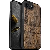Carveit Magnetic Wooden Case for iPhone 16e 2025, Solid Wood & Black TPU, Artisan Engraved Design, Shockproof Cover, Compatible with MagSafe Wireless Chargers, Mountains and Deer - Walnut