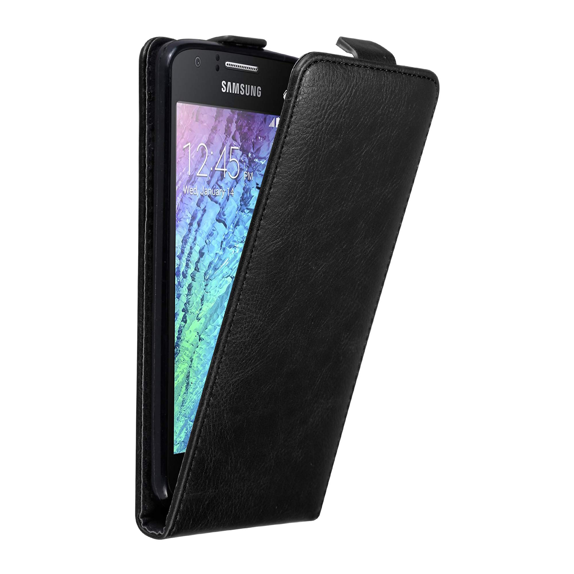 cadorabo Case works with Samsung Galaxy J1 2015 in NIGHT BLACK - Flip Style Case with Magnetic Closure - Wallet Etui Cover Pouch PU Leather Flip