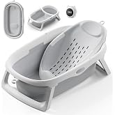 CheerTry 4-in-1 Collapsible Baby Bathtub for Newborn &amp; Toddler 0-24M (Grey) | Infant Baby Tub with Adjustable Bath Sling, T-Shaped Support &amp; Water Thermometer, Baby Bath Tub for Baby Shower