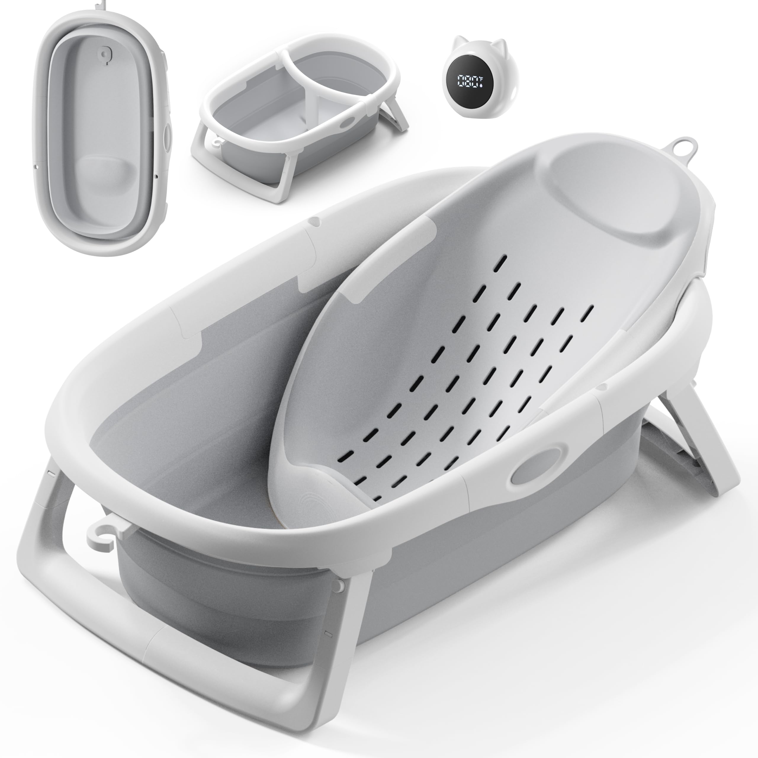CheerTry 4-in-1 Collapsible Baby Bathtub for Newborn & Toddler 0-24M (Grey) | Infant Baby Tub with Adjustable Bath Sling, T-S