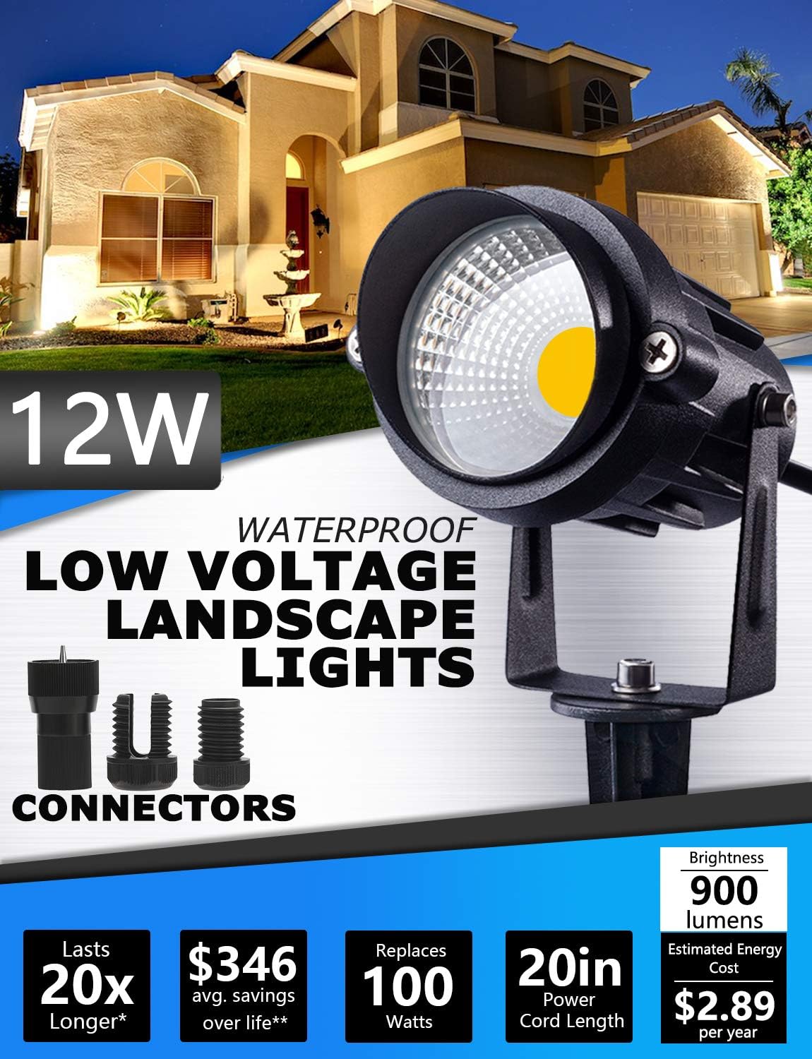 SUNVIE 12W Low Voltage LED Landscape Lights with Connectors, Outdoor 12V Super Warm White (900LM) Waterproof Garden Pathway Lights Wall Tree Flag Spotlights with Spike Stand (10 Pack with Connector) - - 