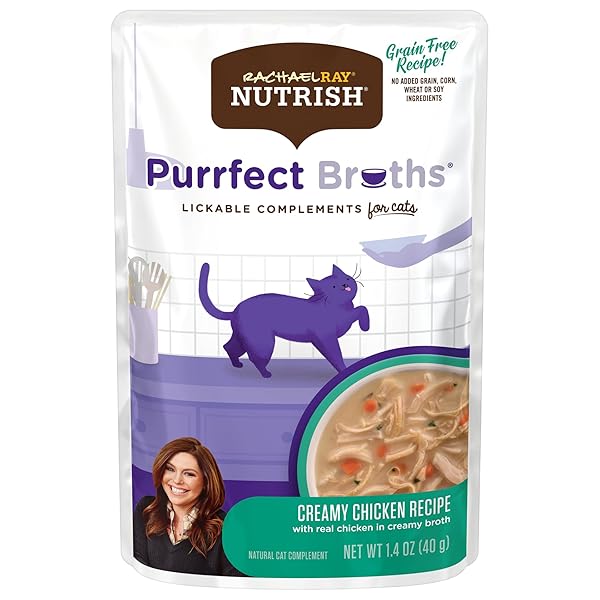 RACHAEL RAY NUTRISH PURRFECT BROTHS WET CAT FOOD, CREAMY CHICKEN BISQUE WITH WHITE MEAT CHICKEN & VEGGIES RECIPE, 1.4 OUNCE POUCH (PACK OF 24), GRAIN FREE