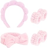 CAVETEE 6 Pack Spa and Makeup Headbands for Face Washing - Cute Puffy Bubble Bow Tie Headbands with Wristbands for Women and Girls