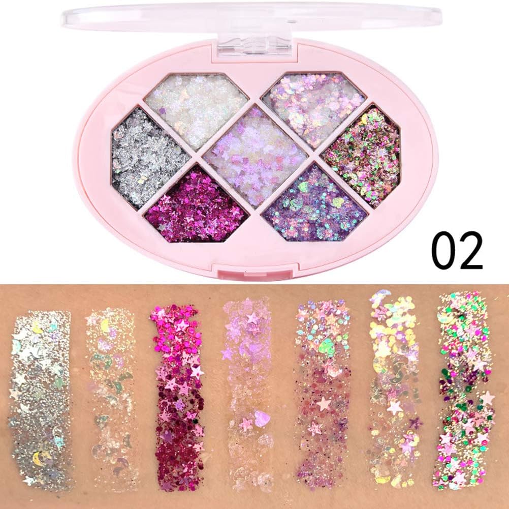 Creamon 7 Color Sequins Eyeshadow Palette, 7 Color Sequins Eyeshadow Palette Diamond Glitter Long Lasting Waterproof Eye Shadow 02#