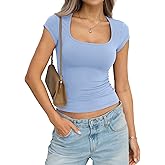 EasyGala Womens Cotton Square Neck Short Sleeve Shirts Slim Fit Cap Sleeve Tops Summer Basic Low Cut Tee Fashion Clothes