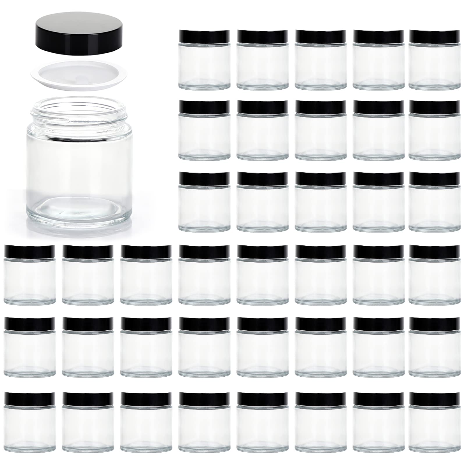 4 oz Glass Jars with Lids, Hoa Kinh 40 Pack Clear Small Glass Jars with Black Lids Empty Cosmetic Containers Airtight Round Glass Jar for Lotions, Powders and Ointments