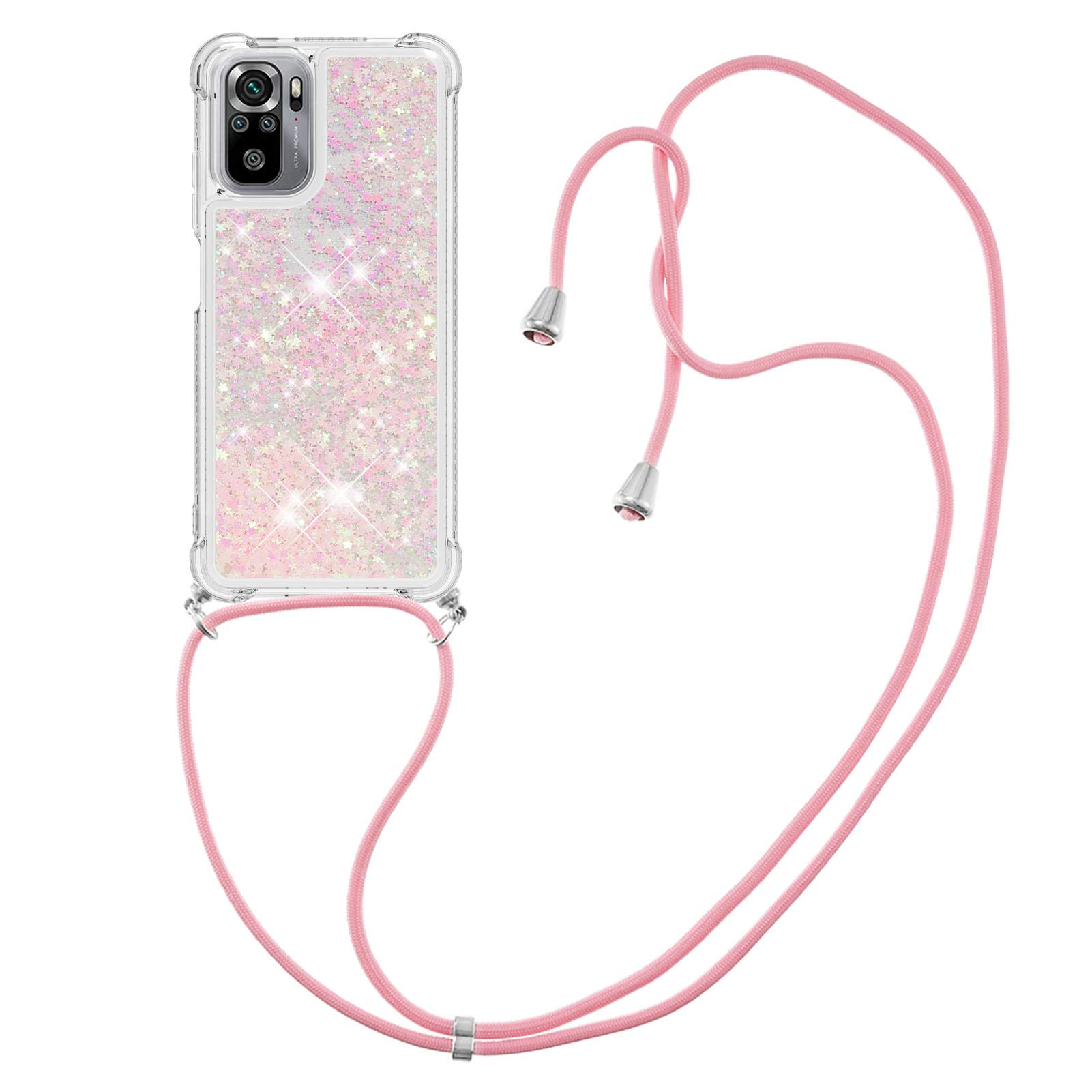 IMIRST Lanyard Phone Case for Xiaomi Redmi Note 10S, Bling Glitter Liquid Silicone TPU Case Cover With Crossbody Necklace Cord Strap for Xiaomi Redmi Note 10 4G/ Redmi Note 10S. LP Star Pink