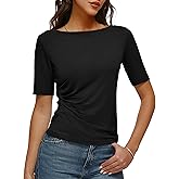 DCCISU Women's Boat Neck Top Half Sleeve Ruched Side Fitted T-Shirt Basic Casual Slim Tee