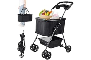 2-in1 Folding Shopping Grocery Cart Shopping Bag, 75Lbs Multifunctional Portable Collapsible Utility Cart with Removable Bask