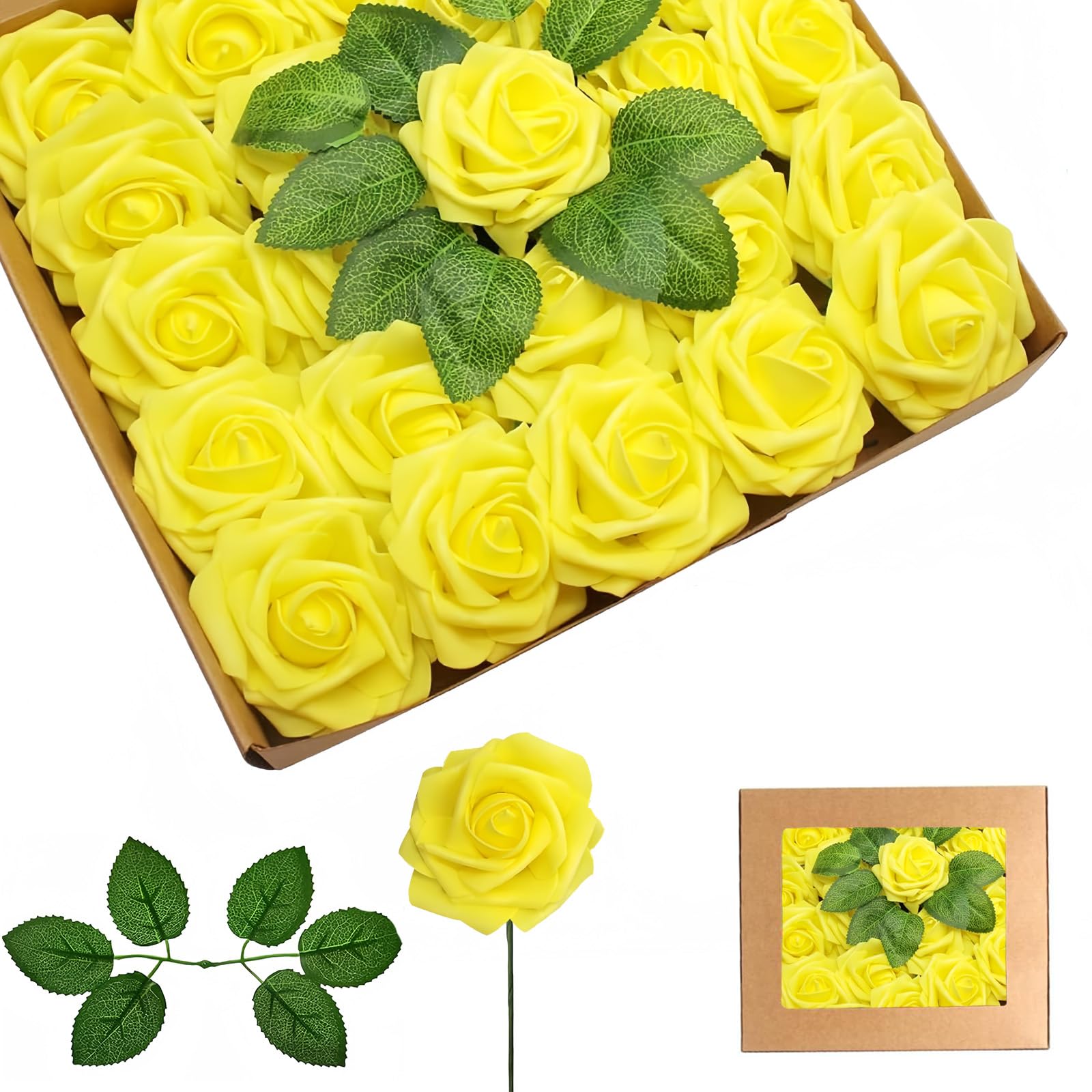 25Pcs Yellow Artificial Roses, Real Touch Foam Roses with Stems, 4 Leaves, Artificial Flowers for Wedding, Bridal Bouquets, Cake, Grave Stone, Table Centerpieces, Baby Shower, Funeral Decoration