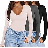 Ekouaer Deep V Neck Shirts for Women Low Cut Long Sleeve Tops Slim Fit Basic Cleavage Tees Deep Plunge Thermal Tshirts XS-XXL