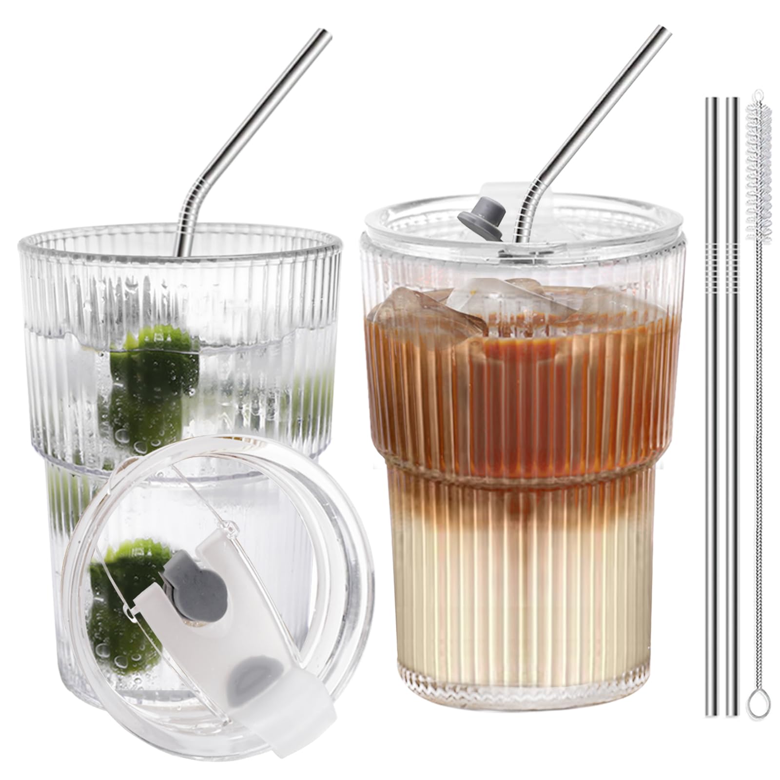 Photo 1 of HIGIINC Iced Coffee Cups With Lids and Straws 2 Pcs, 16 OZ Unbreakable Glasses Drinking Set,Clear Plastic Cups Reusable Iced Coffee Tumbler with Lid and Straw, To Go Coffee Cups Dishwasher Safe