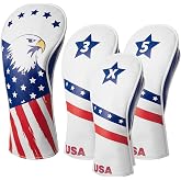 Fitense 3/4 Golf Head Covers for Driver Fairway Woods, PU Leather USA Star | Waterproof easy clean, 3D tailored velvet lined, fits driver and fairway woods, double lock buckle, 3 or 4 pack, ideal gift