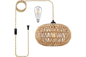 Beser·Win Rattan Plug in Pendant Light, 15FT Hanging Lights with Plug in Cord, Pendant Lights with Handmade Macrame Lamp Shade, Hemp Rope and On/Off Switch, Pendant Llight Fixture for Bedroom Decor