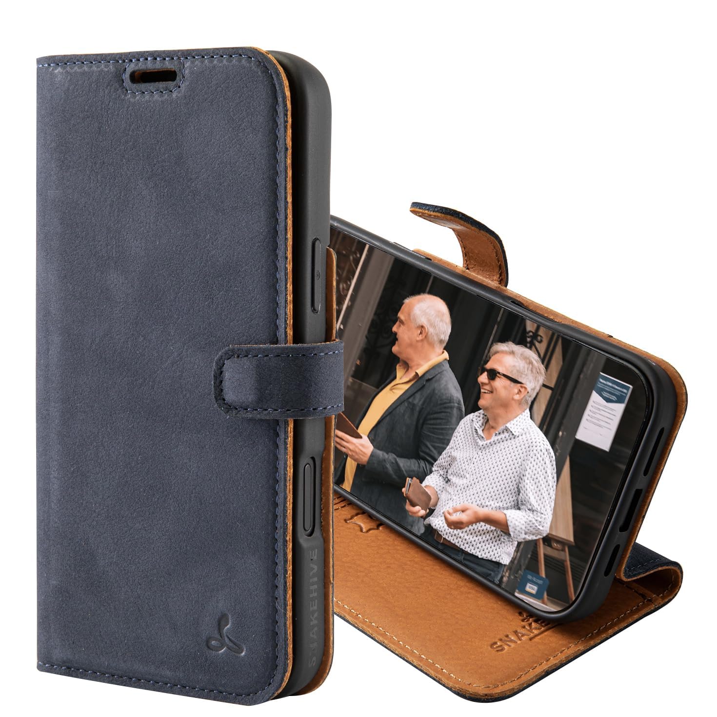 Snakehive Leather Wallet for iPhone 16 Pro Max - Real Leather Wallet Phone Case with Viewing Stand and Card Holder - Flip Folio Cover with Card Slots (Navy)