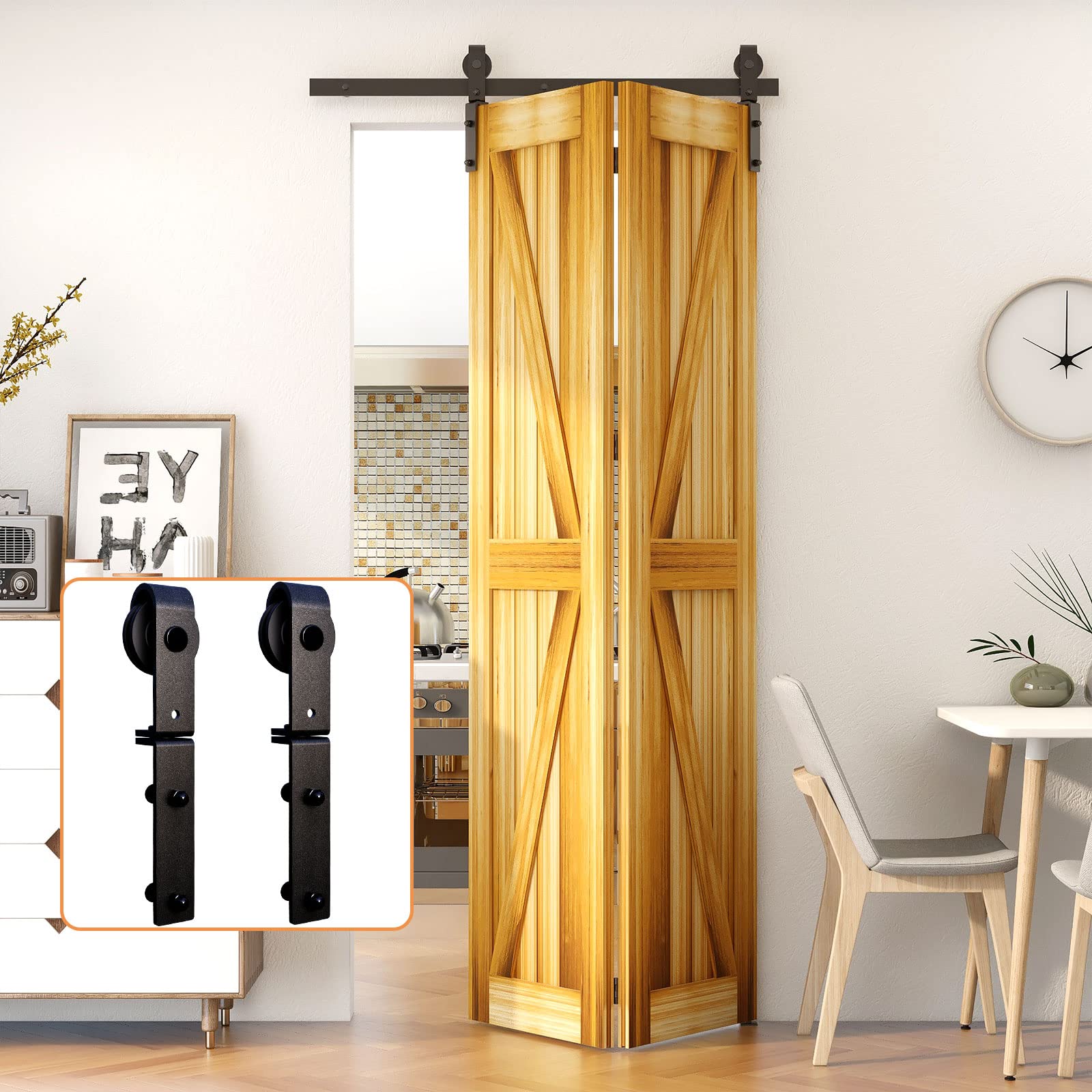 LTIYITL 100CM/3.3FT Bi-Folding Sliding Barn Door Hardware,Heavy Duty Roller Track Kit，Silent and Easy to Install for 2 Doors Hardware Kit,No Door Panel,Applicable to Door Openings 70-80CM Black — image 1