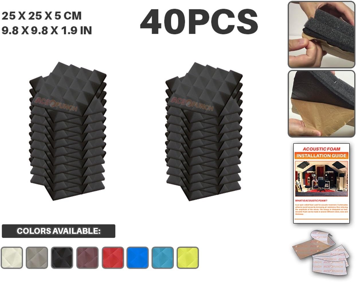 Acepunch 40 Pack Black Self Adhesive Pyramid Acoustic Foam Panel DIY Design Studio Soundproofing Wall Tiles Sound Insulation with Free Mounting Tabs 9.8" x 9.8" x 1.9" AP1053