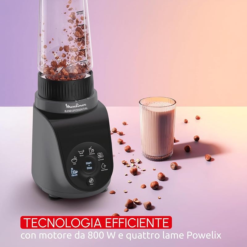 Blend Up Essential, Mini Frullatore Salvaspazio, con 6 Programmi Automatici, App e Ricettario Digitale, Pulizia Automatica e Accessori Lavabili in Lavastoviglie, 800W, Grigio Scuro, LM1EHB