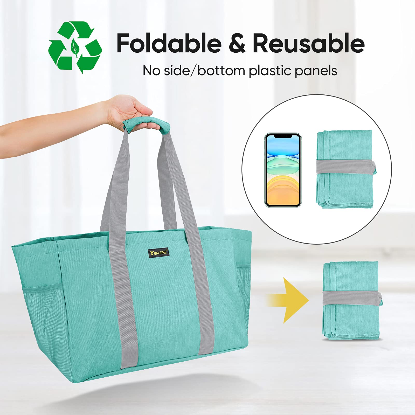 BALEINE BALEINE Soft 9 Gallon Extra Large Utility Tote, Foldable Reusable Storage Bag (Sea Green)
