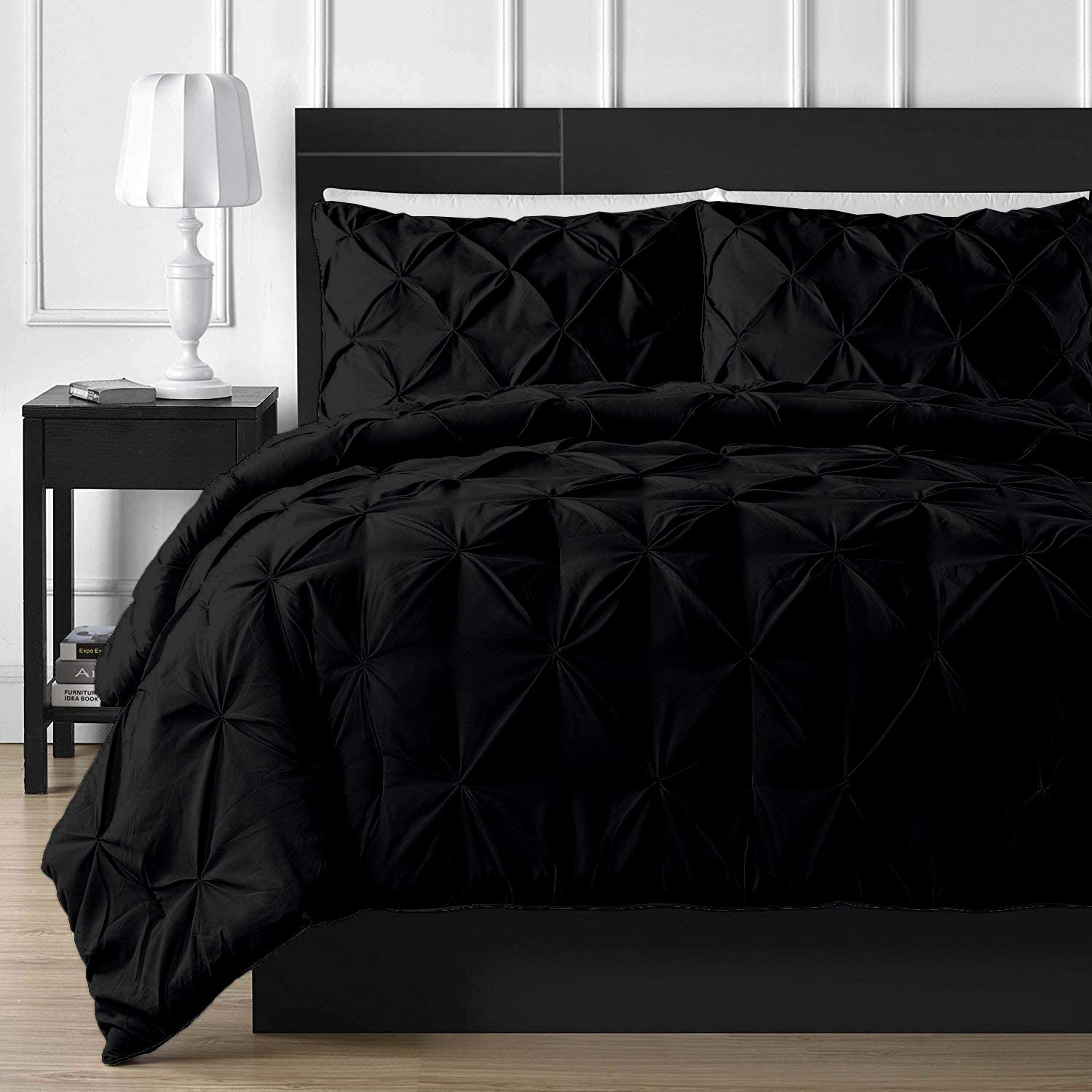 Photo 1 of Crown Collection 1000-TC Hypoallergenic Ultra Soft Design 100% Egyptian Cotton Pinch Plated Duvet Cover with Zipper Colser & 2pcs Pillow Case Set (Full/Full XL/Queen 90x90, Black)