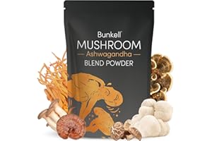 Bunkell Ashwagandha Mushroom Powder, Adaptogenic 10 Mushrooms Complex w/ashwagandha - Lion's Mane, Reishi, Chaga & Maitake - Adaptogens Powder for Energy, Cognitive & Immune Support, 80 Servings