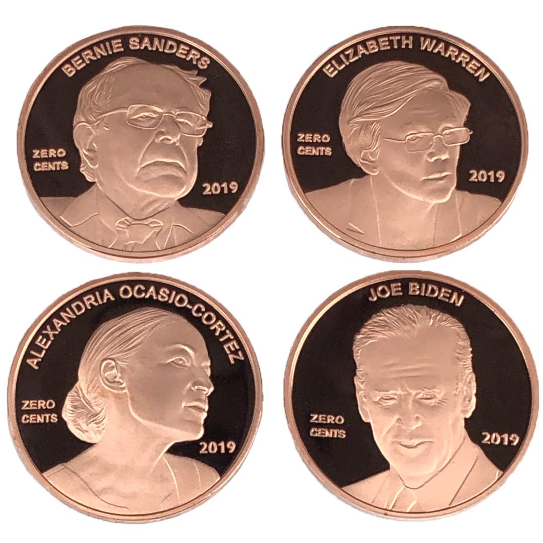 Aizics Mint Set Of 4 Zero Cents Pennies Alexandria Ocasio Cortez Aoc Joe Biden Bernie Sanders Elizabeth Warren Democrat Novelty Coin Token Copper Plated Large Size 30mm X 2mm Maga