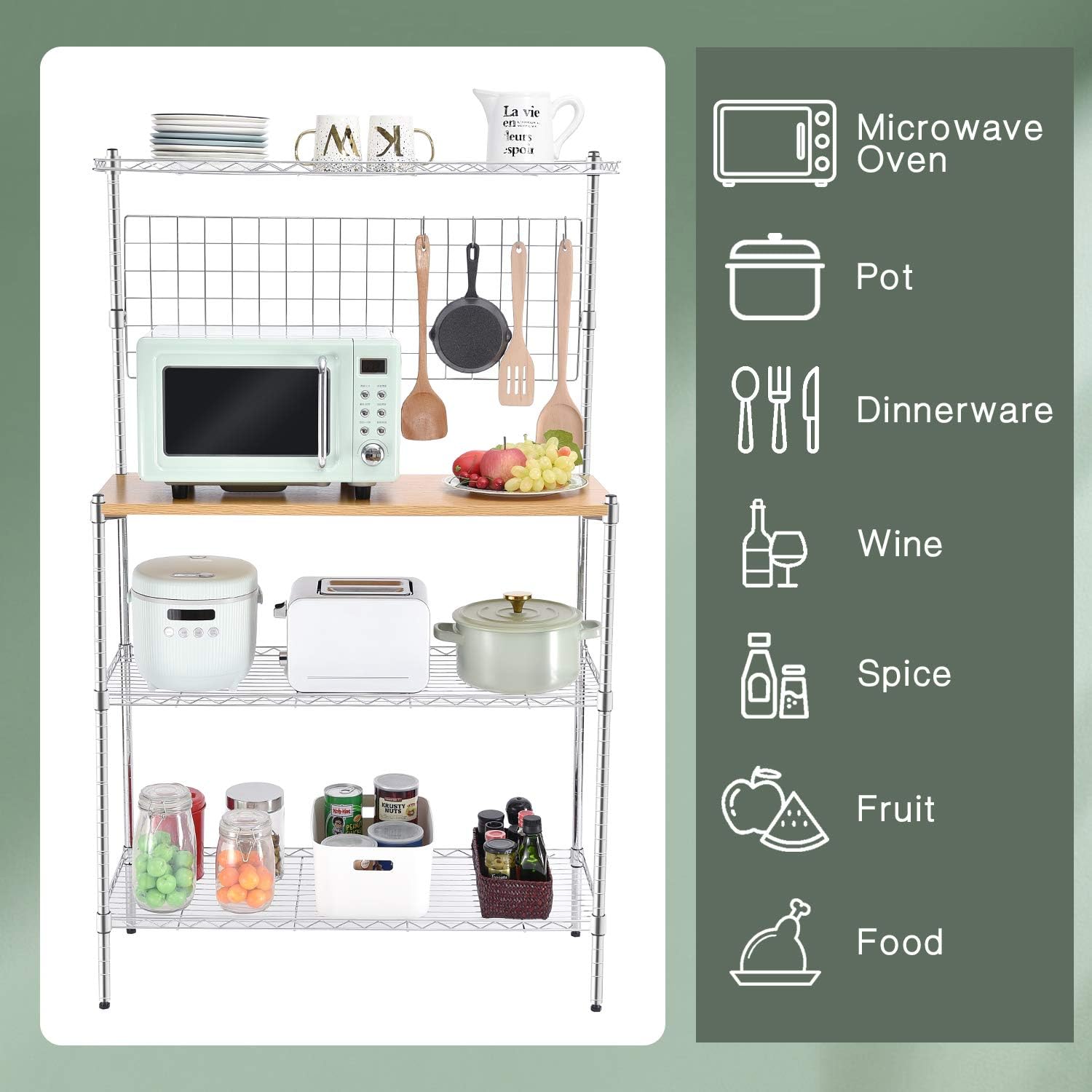 TOOLF Standing Baker's Racks with Wood Table, Kitchen Microwave Oven Stand, 4-Tier Metal Utility Storage Shelf with Mesh Panel, 6 Hooks, Height Adjustable Free Standing Rack for Kitchen, Garage - Standing Baker's Racks