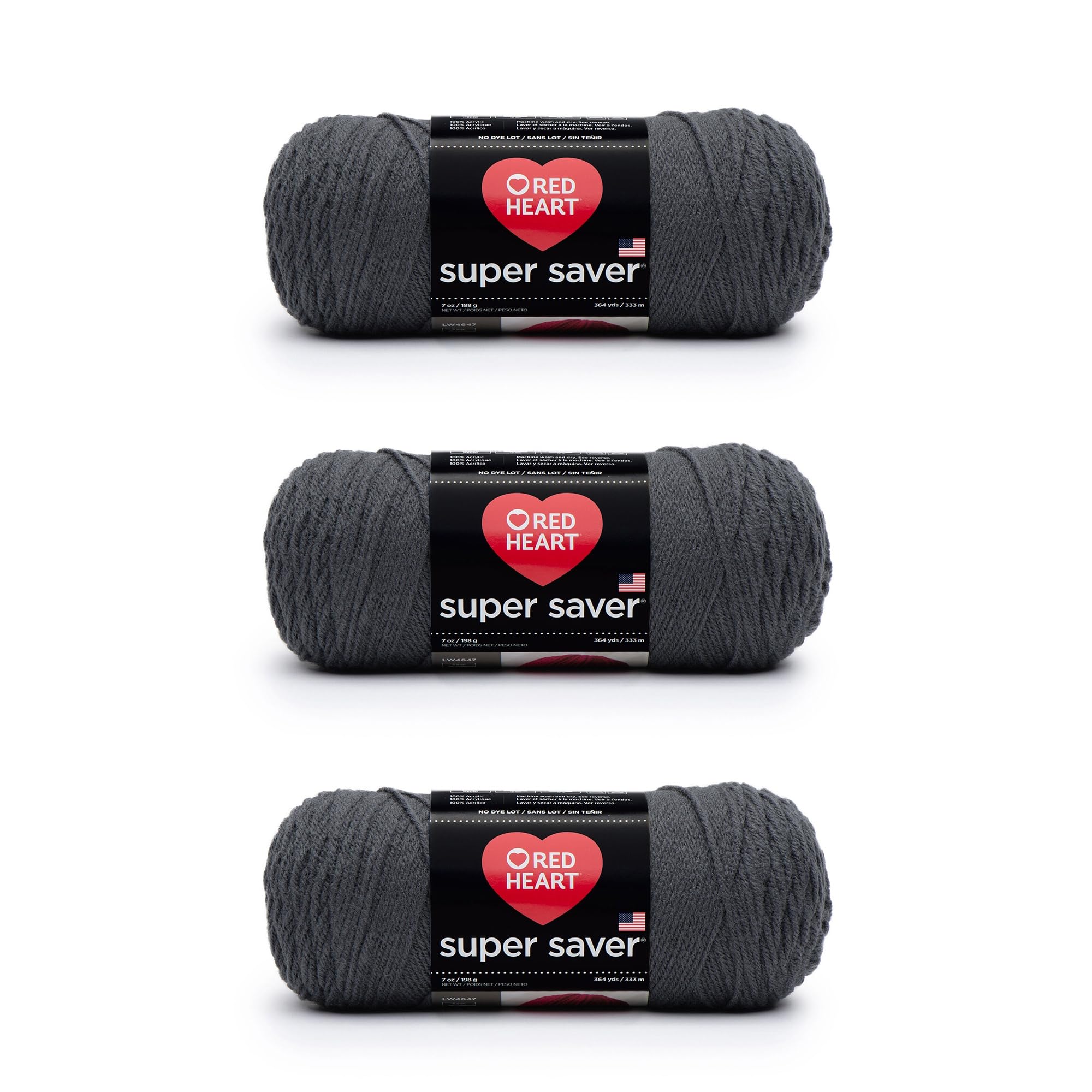 Red Heart Super Saver Pack of 3 - Charcoal - 7oz/198g - Acrylic - 4 Medium (Worsted) - 364 Yards - Knitting, Crocheting, Crafts & Amigurumi