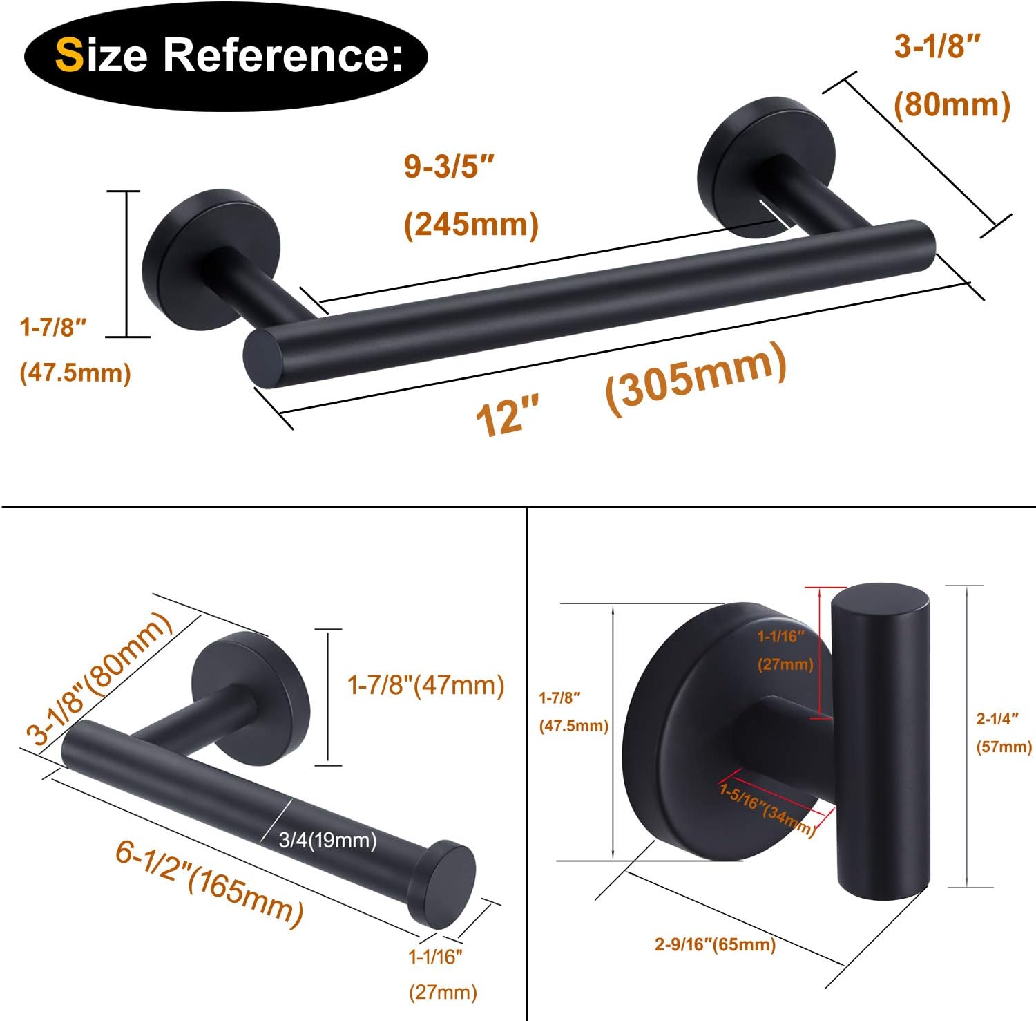 Nolimas 3-Pieces Set Matte Black Bathroom Hardware Set SUS304 Stainless Steel Round Wall Mounted - Includes 12" Hand Towel Bar,Toilet Paper Holder, Robe Towel Hooks,Bathroom Accessories Kit: Home & Kitchen