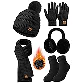 Jyanl Womens Winter Beanie Hat Scarf Gloves Set Fleece Hat Long Scarf Neck Warmer Ear muffs Fuzzy Socks 5 in 1 Knit Sets