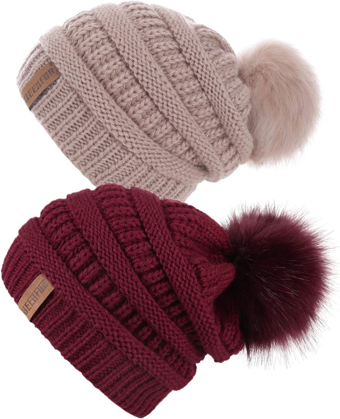 QUEENFUR Women Knit Slouchy Beanie Chunky Baggy Hat with Faux Fur Pompom Winter Soft Warm Ski Cap