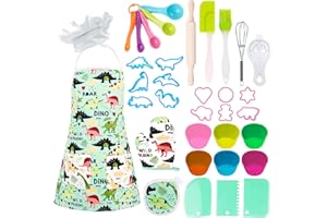 TEUVO Kids Baking Chef Set 35 Pcs with Dinosaur Apron and Mitt, Cooking Chef Dress Up Role Play Kitchen Toys Set for Kids Aged 3 4 5 6 7 8