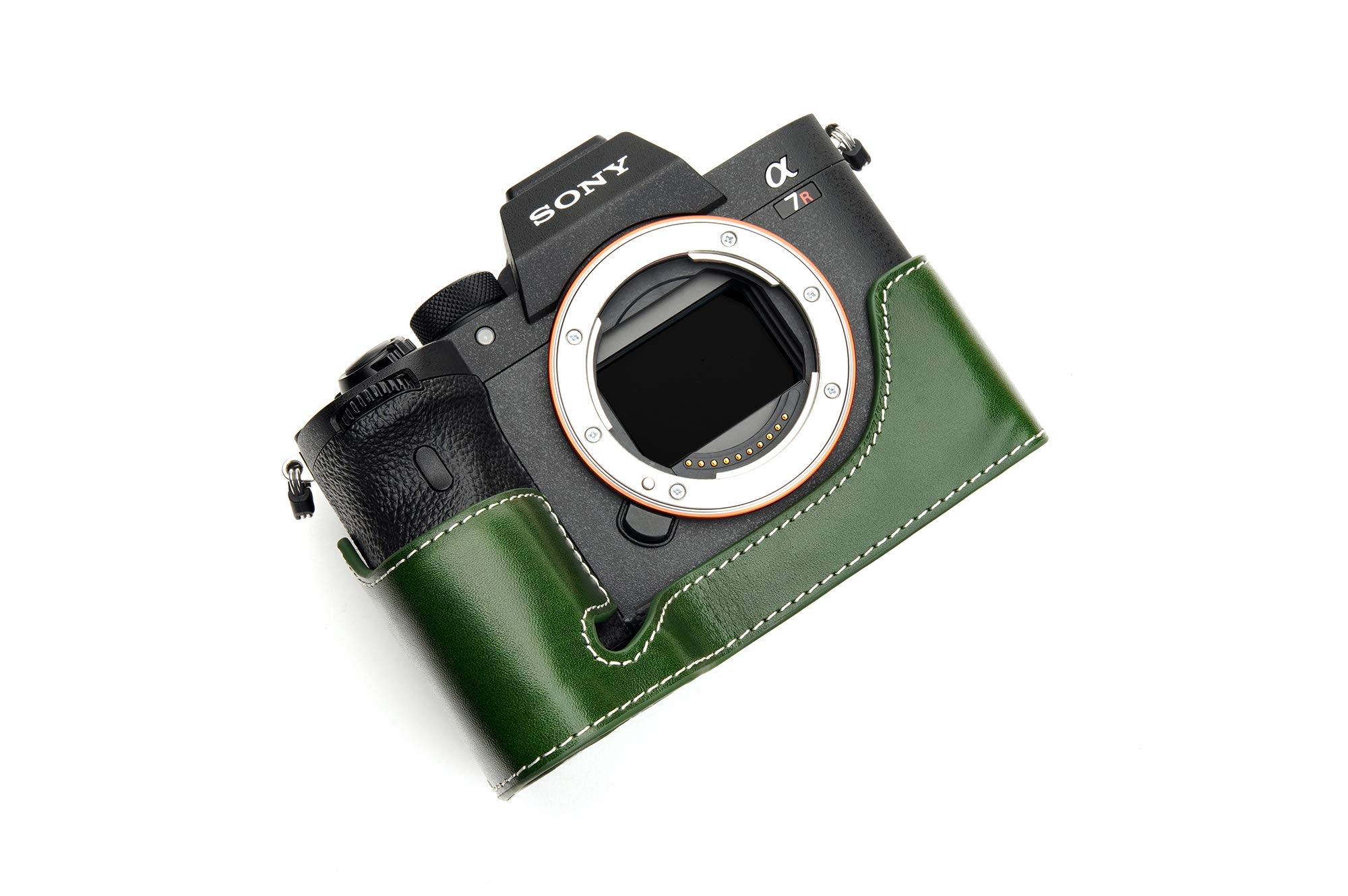 A7R IV Case, Zakao Handmade Genuine Real Leather Half Camera Case Bag Cover for Sony Alpha A7R IV Bottom Opening Version With Hand Strap (Green)