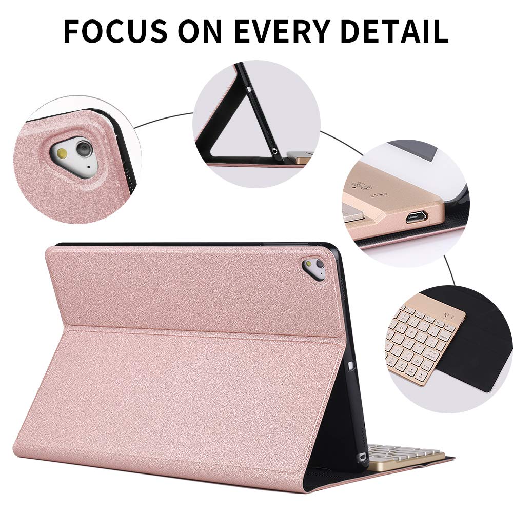 SENGBIRCH Compatible Keyboard Case iPad 9.7 2018 - iPad 9.7 2017 - iPad Air 2&1 - iPad Pro 9.7-7 Colors Backlit Detachable Keyboard - PU Leather Stand - iPad Keyboard Case, (Rose Gold, 9.7)