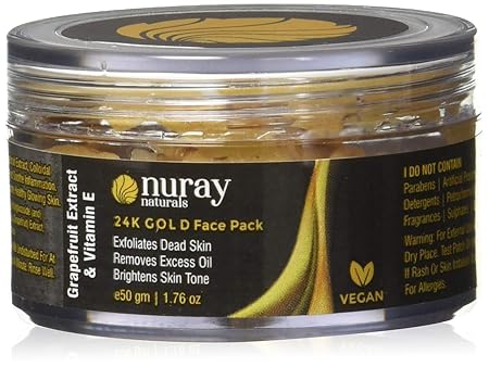 Nuray Naturals Vegan 24k Gold Face Pack Mask for Fairness, Glow and Skin Tightening, 50 g