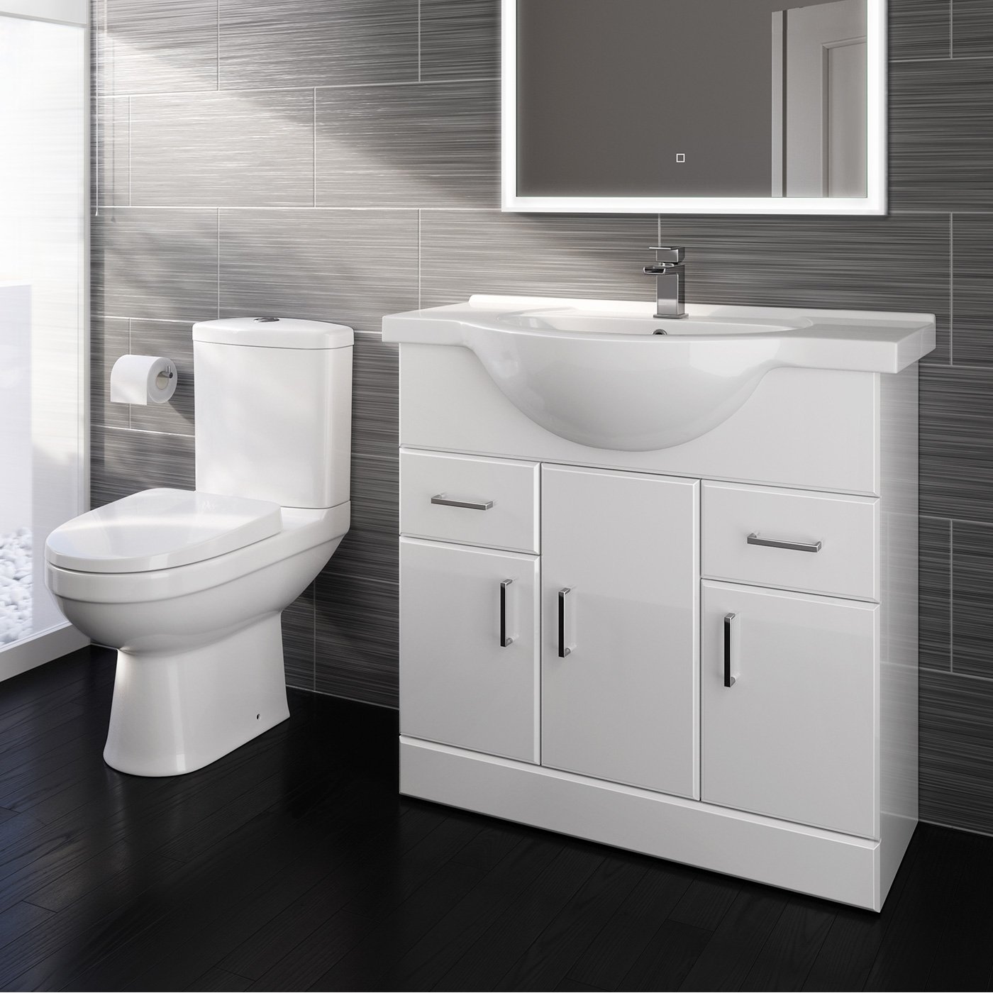 Bathroom Ceramic Suite Vanity Sink Storage Unit + Close Coupled Toilet