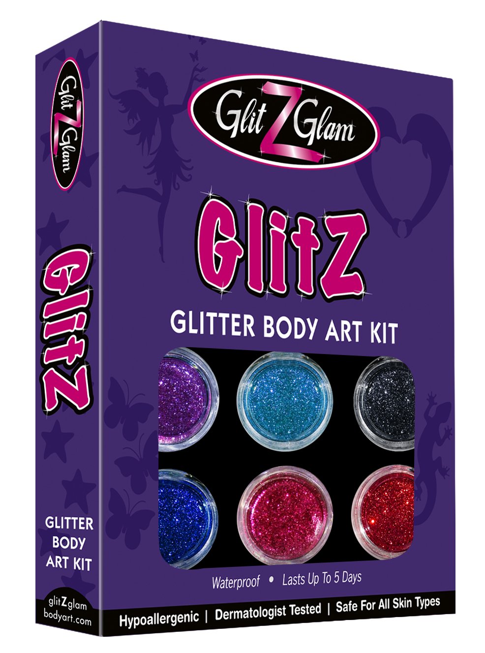 GlitZGlam Glitter Tattoo Kit New with 6 LARGE Glitters Pots, Large Body Adhesive, Large Stencils & 2 Cosmetic Brushes for glitter tattoos/kids tattoos. HYPOALLERGENIC and DERMATOLOGIST TESTED!