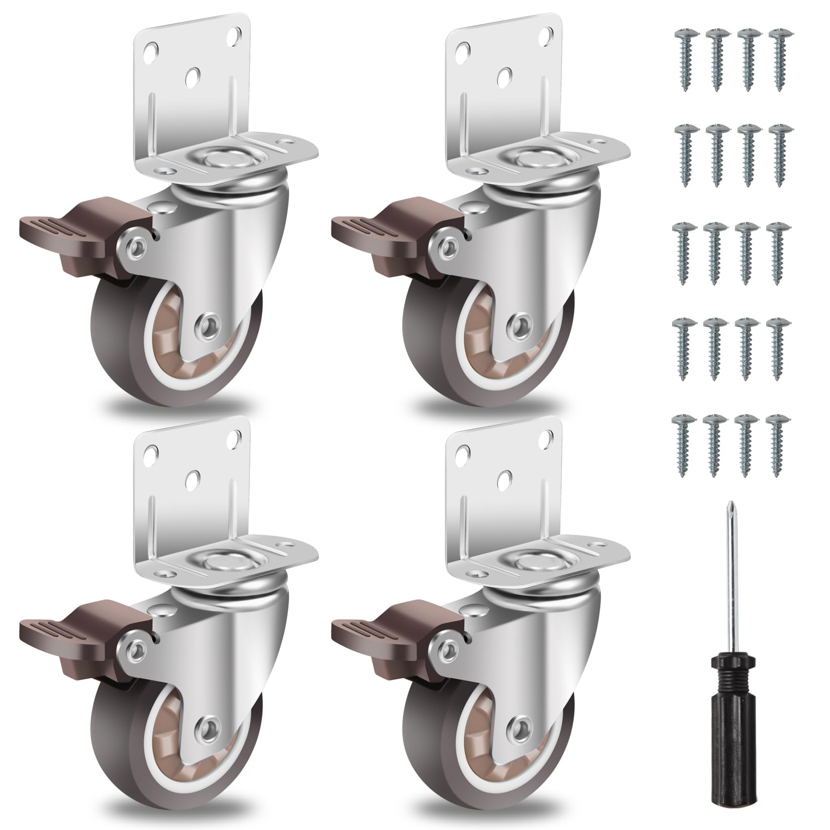 W B D WEIBIDA Side Mount Casters 2 Inch L-Shaped Heavy Duty Castor Wheels with Load Capacity 600 LBS, 360 Degree Plate Swivel Trolley Caster for Furniture, Set of 4 Rubber Casters with 4 Brakes